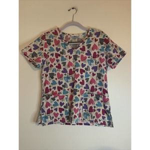 SB Scrubs White Multi-Color Heart V-Neck Scrub Top Medical Uniform XS